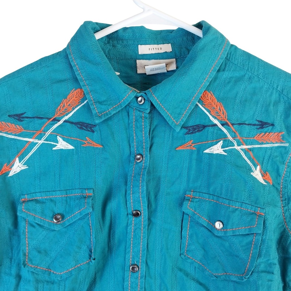Ariat Womens XL Teal Cotton Arrow Embroidered Western Snap Shirt Fitted Country - Picture 3 of 7
